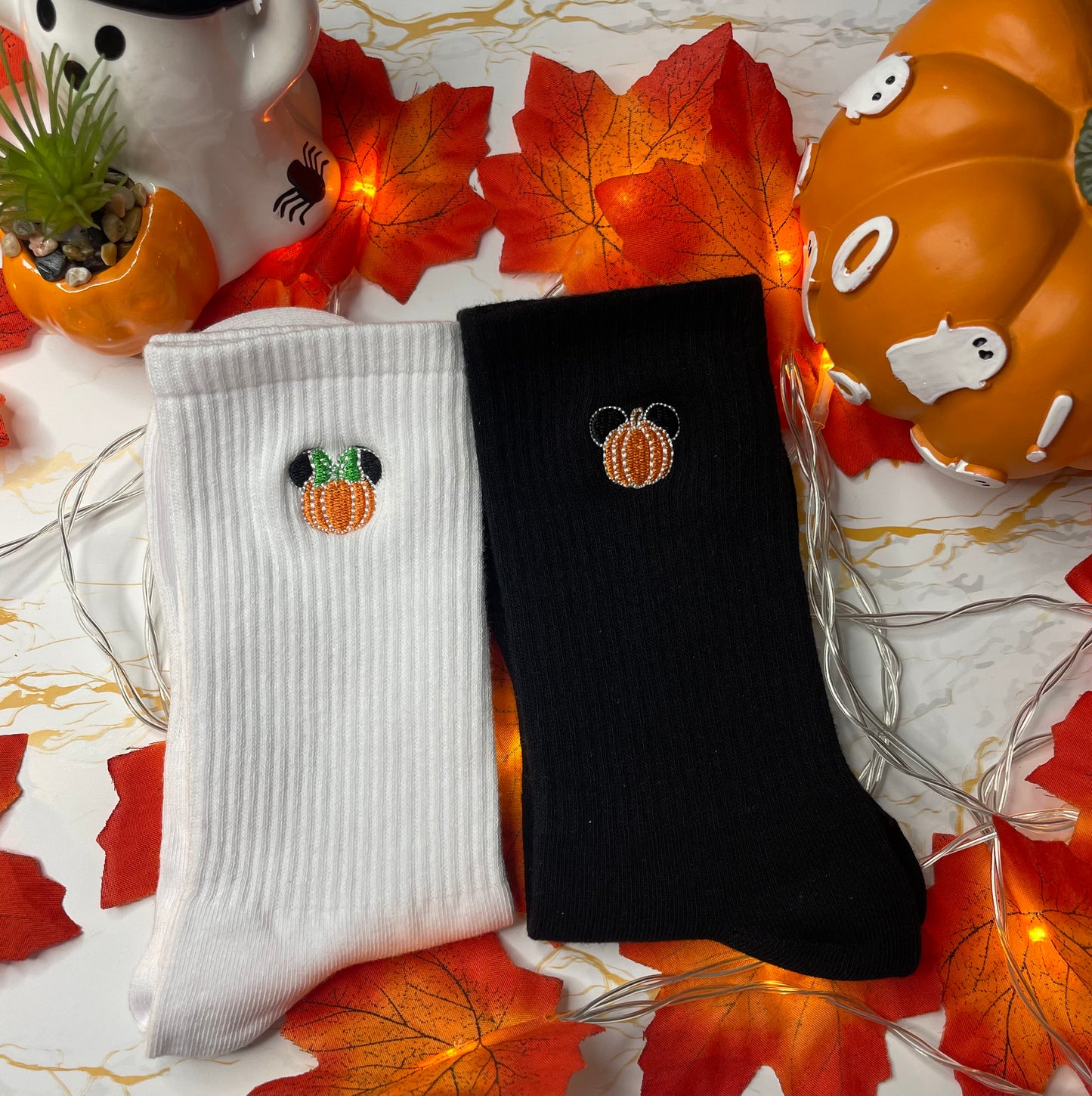 Minnie and Mickey Pumpkin Embroidered Socks