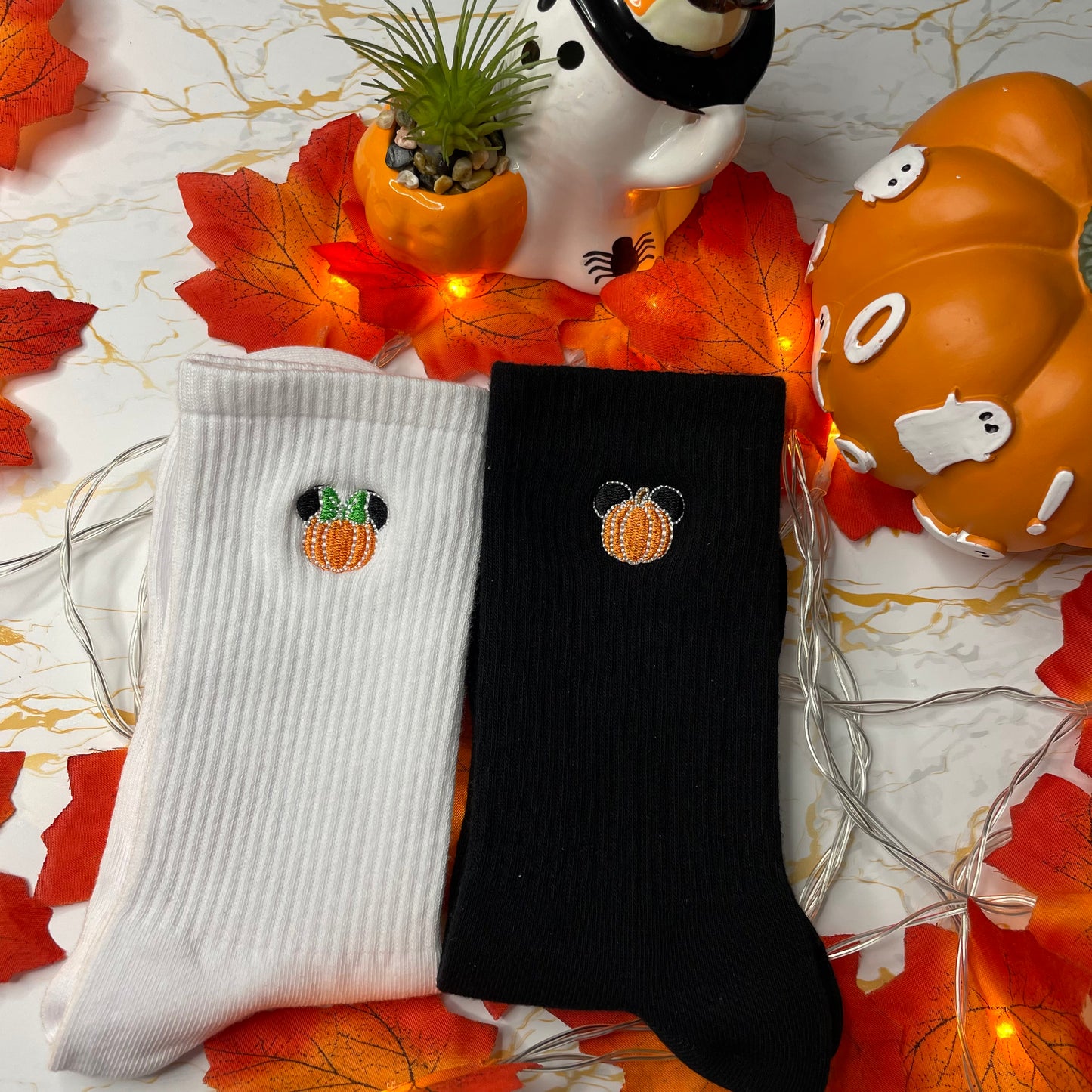 Minnie and Mickey Pumpkin Embroidered Socks