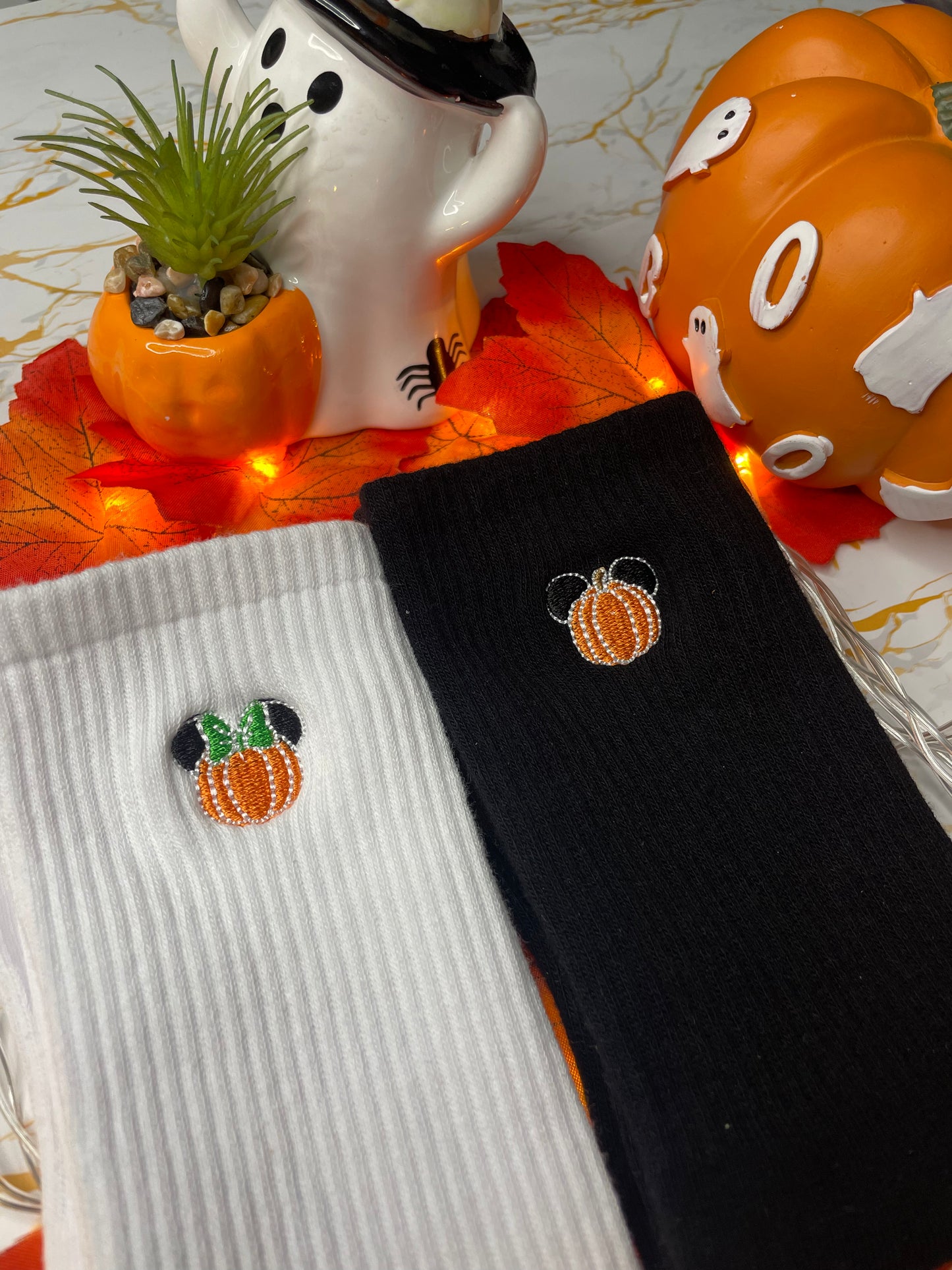 Minnie and Mickey Pumpkin Embroidered Socks