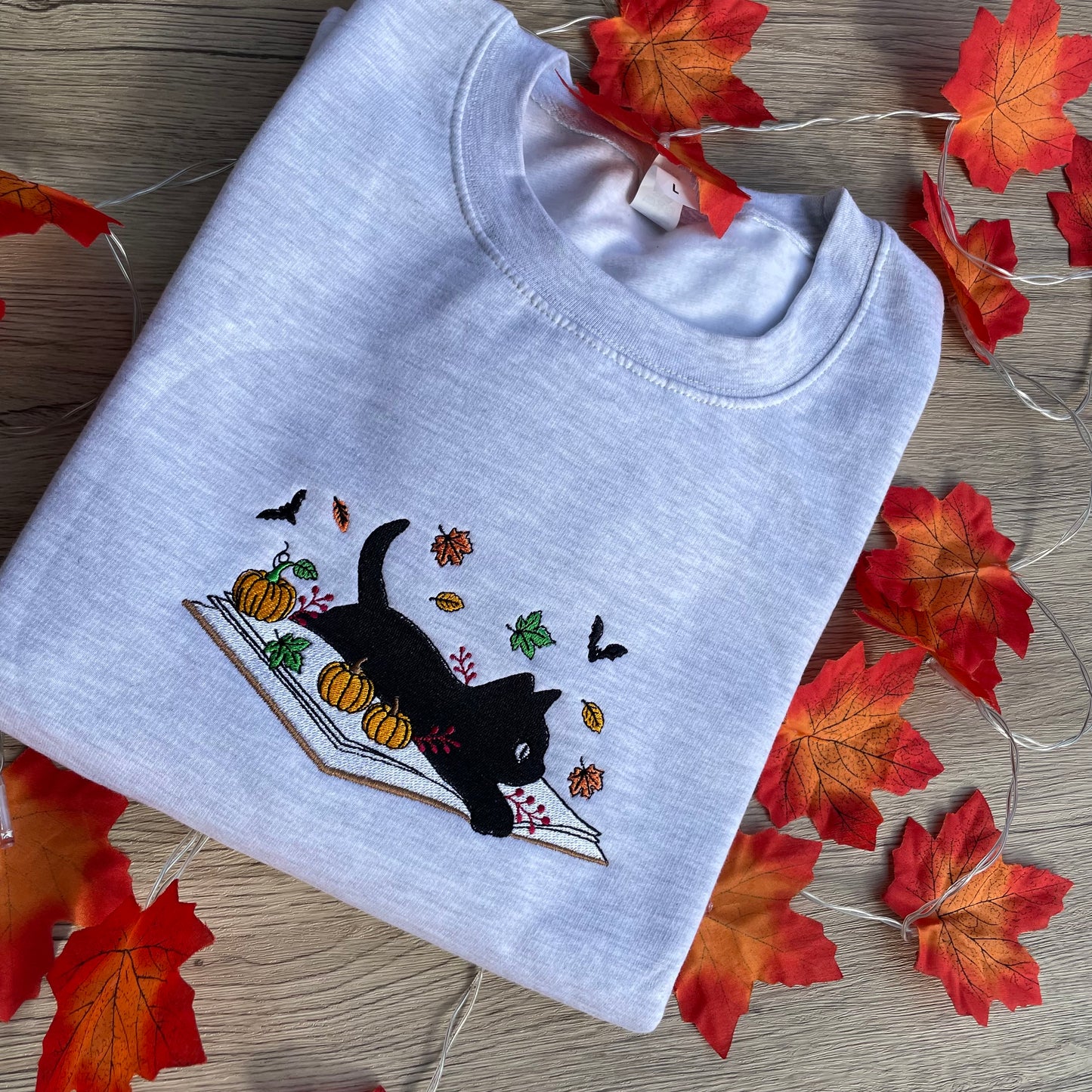 Book and Cat Fall Embroidered Sweatshirt
