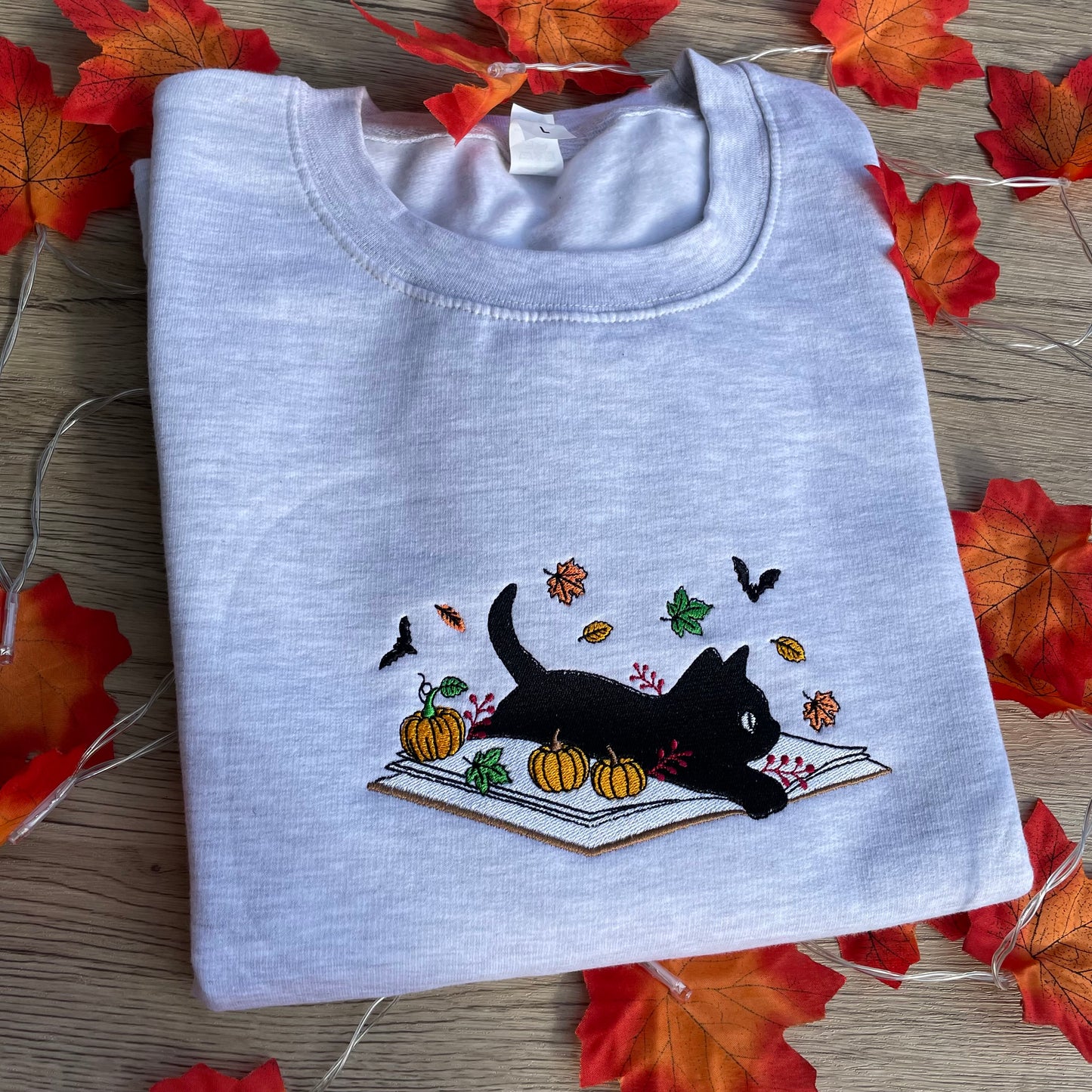 Book and Cat Fall Embroidered Sweatshirt