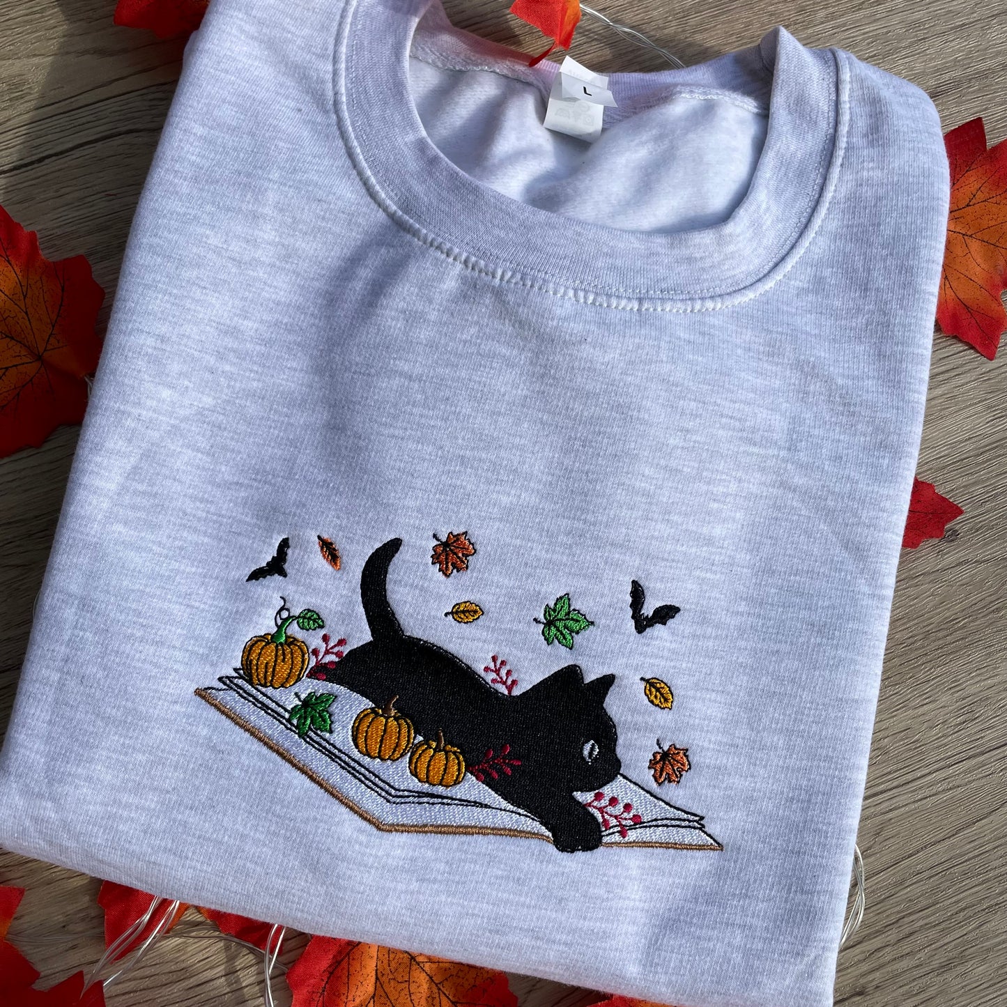 Book and Cat Fall Embroidered Sweatshirt