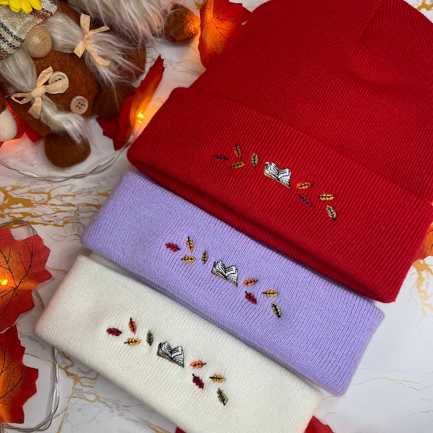 Autumn Book and Leaves Embroidered Beanie