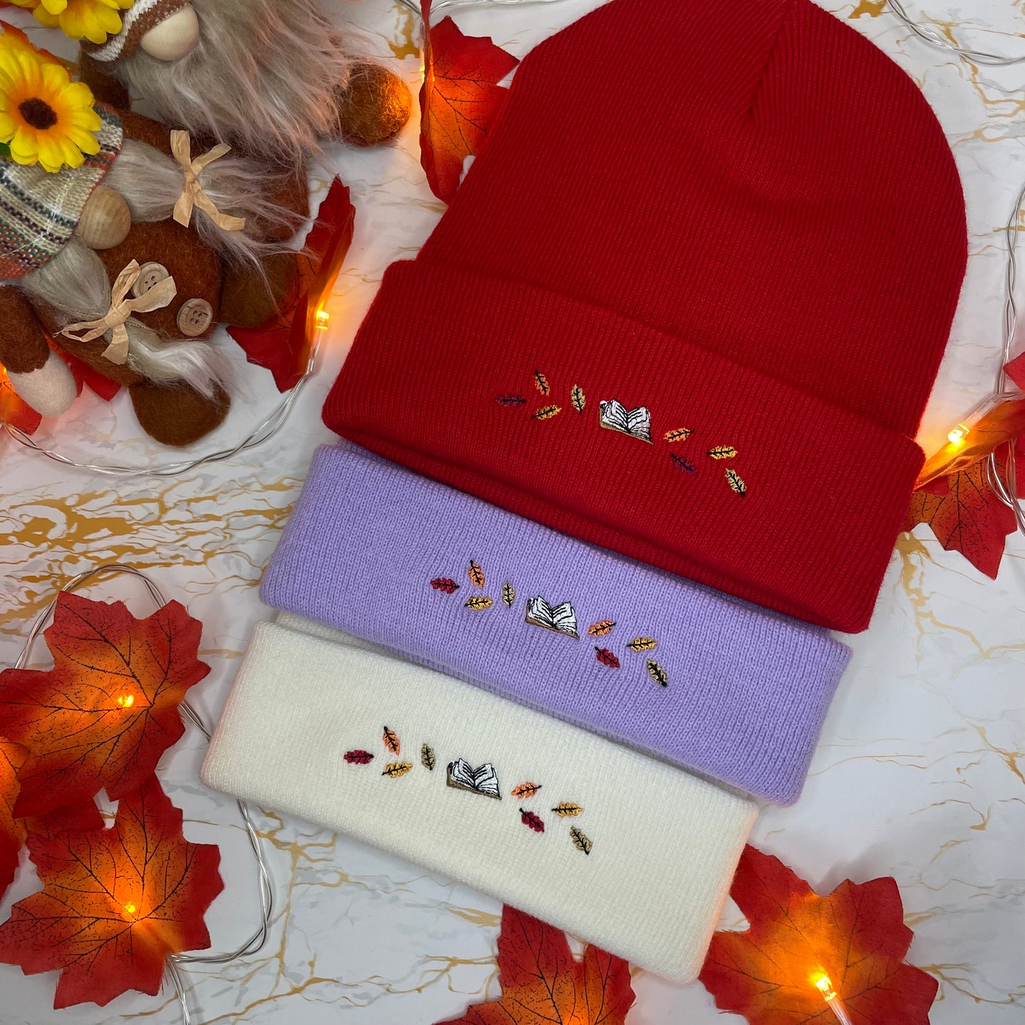 Autumn Book and Leaves Embroidered Beanie