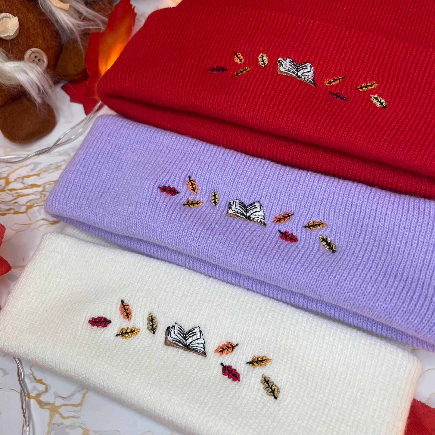Autumn Book and Leaves Embroidered Beanie