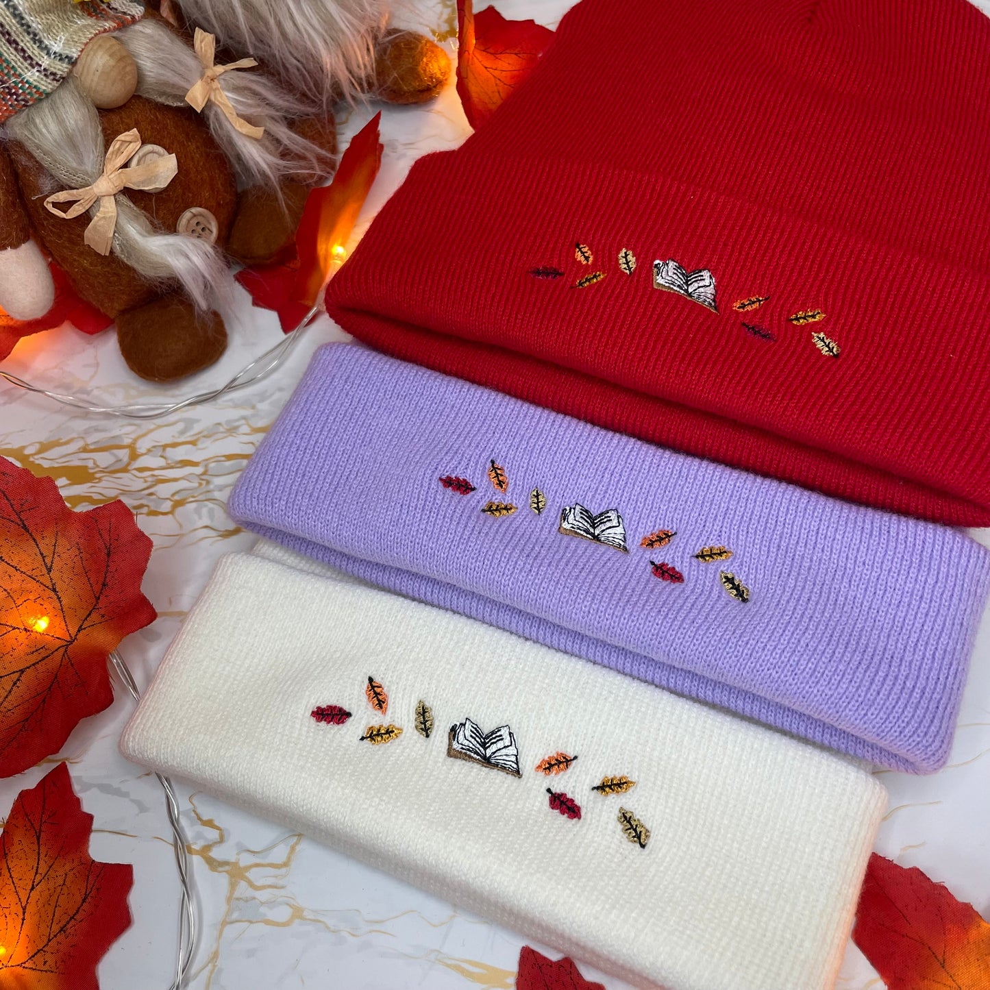 Autumn Book and Leaves Embroidered Beanie