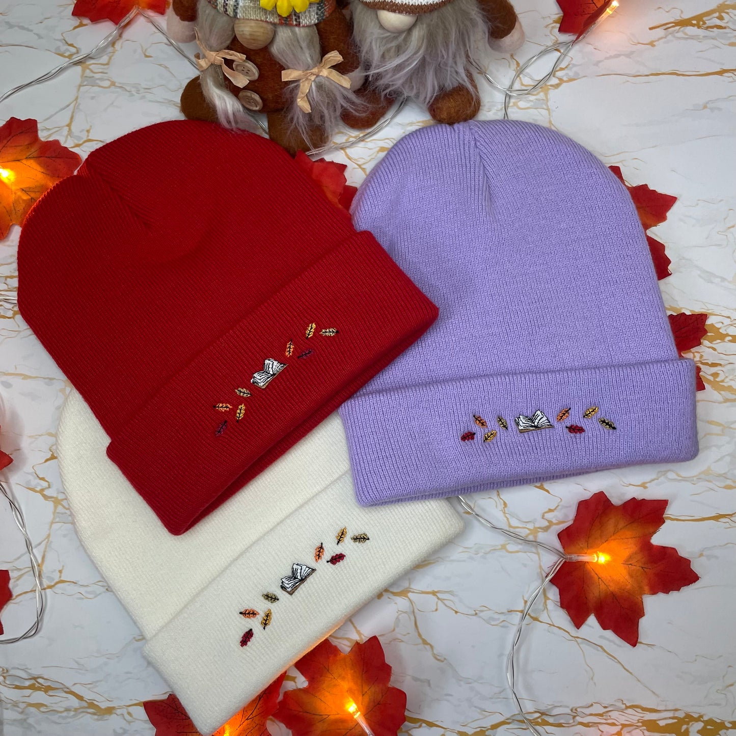 Autumn Book and Leaves Embroidered Beanie