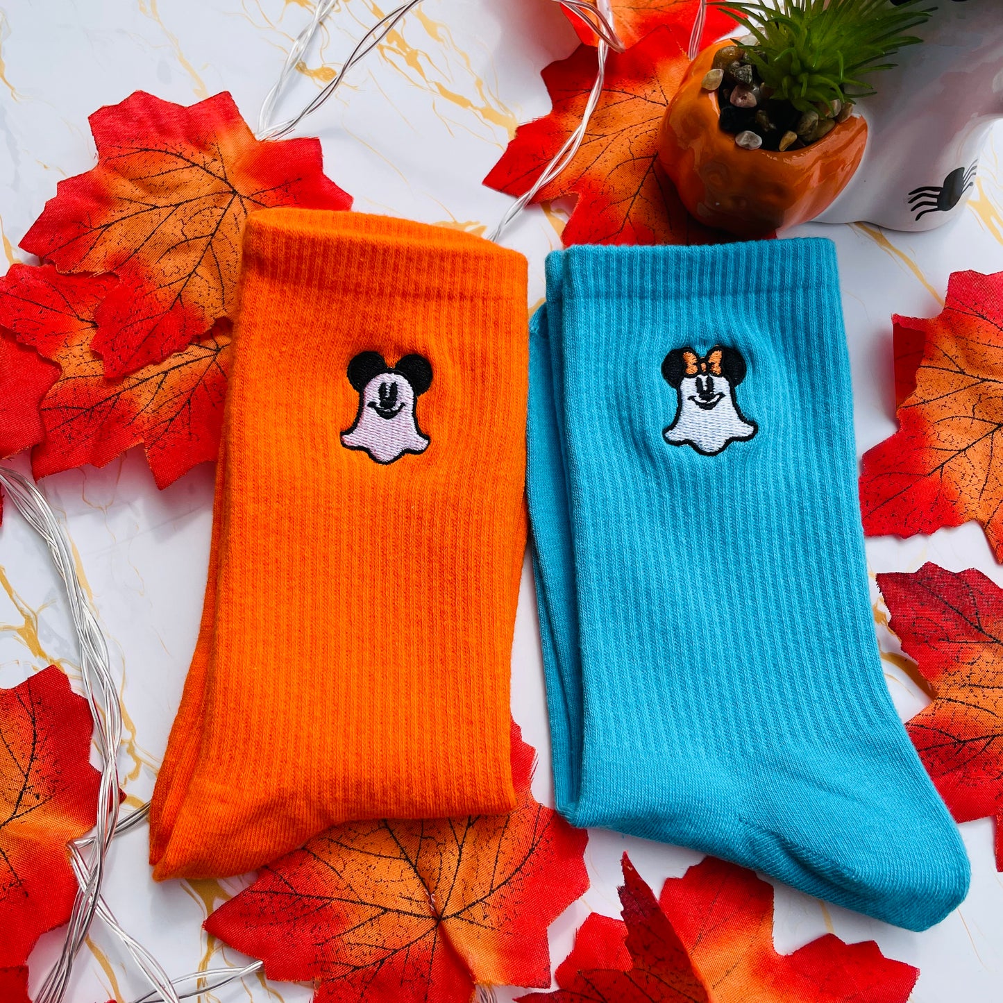 Minnie and Mickey Ghost Embroidered Socks