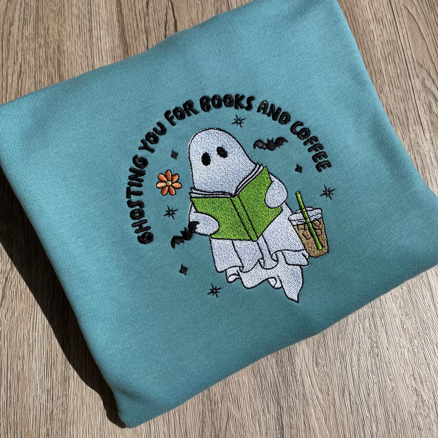 Ghost With Book And Coffee Embroidered Sweatshirt