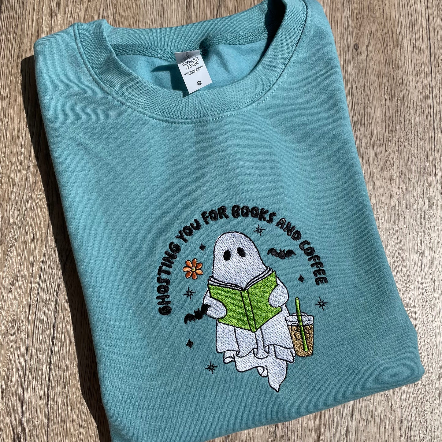 Ghost With Book And Coffee Embroidered Sweatshirt