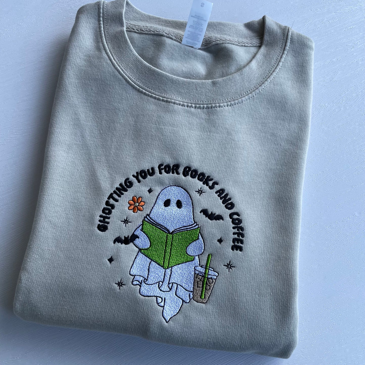 Ghost With Book And Coffee Embroidered Sweatshirt