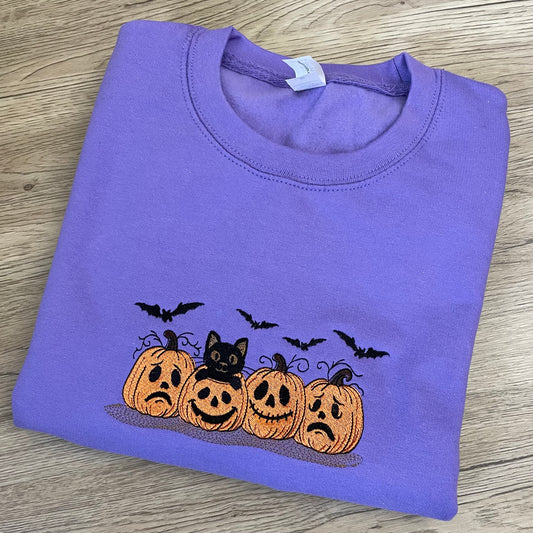 Pumpkin And Cat Embroidered Sweatshirt