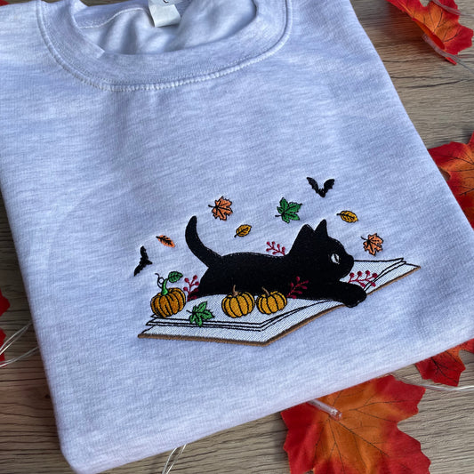 Book and Cat Fall Embroidered Sweatshirt