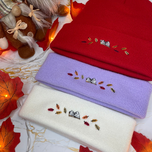 Autumn Book and Leaves Embroidered Beanie